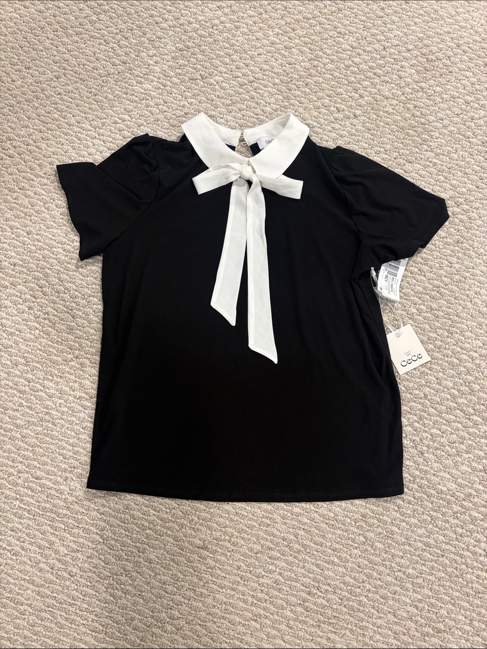 CeCe Black Short-Sleeve Top with White Bow Collar